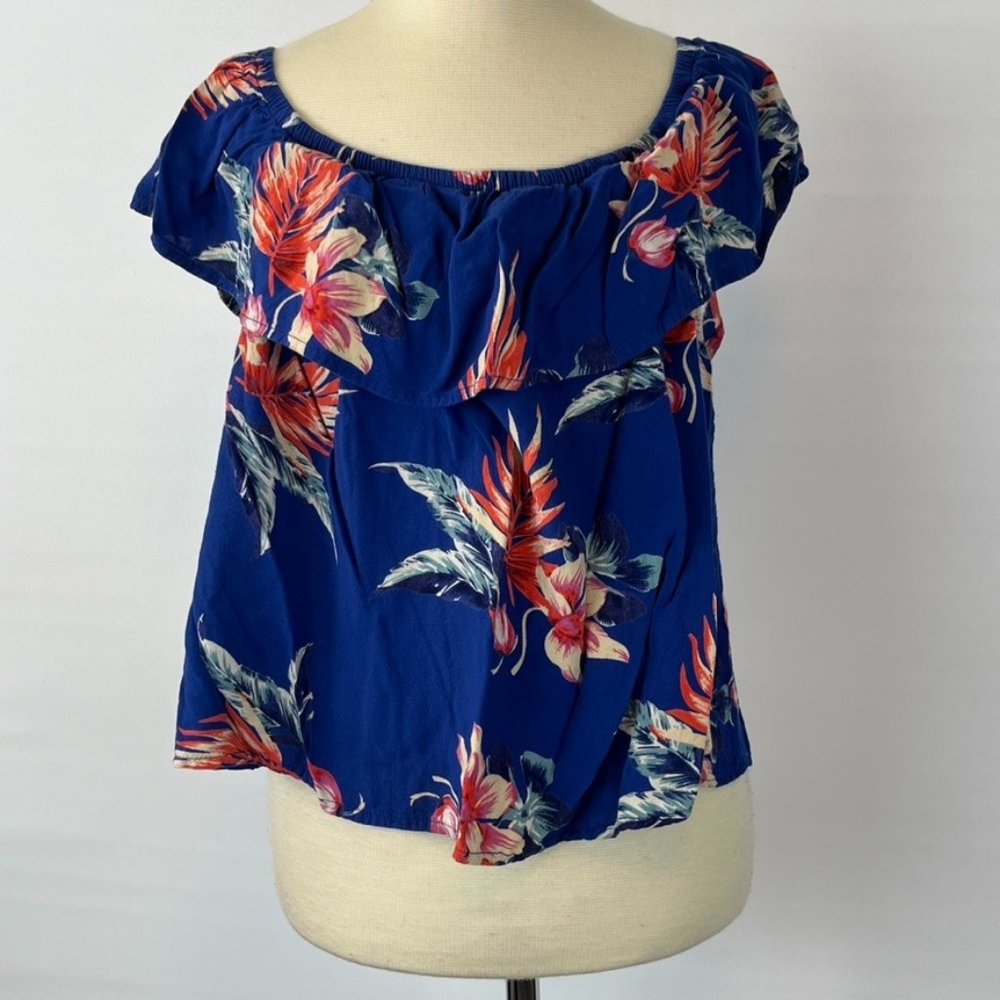 Style Envy Blue Floral Cropped Top Shirt Blouse ((size XL))